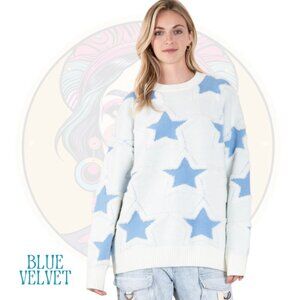 14V BLUE VELVET Thick Textured Star Graphic White Sweater with Blue